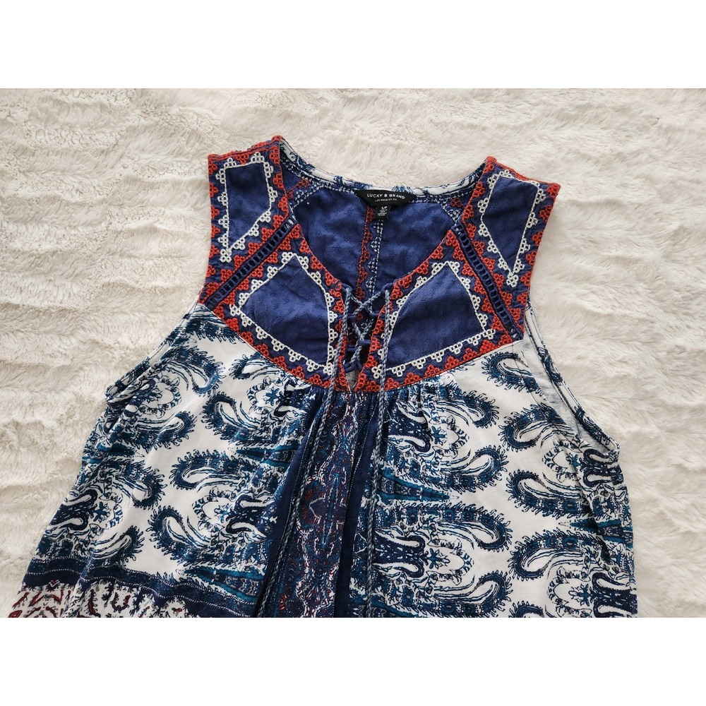 Lucky Brand Multicolor Paisley Sleeveless Tassel V-Neck Top Blouse Womens S